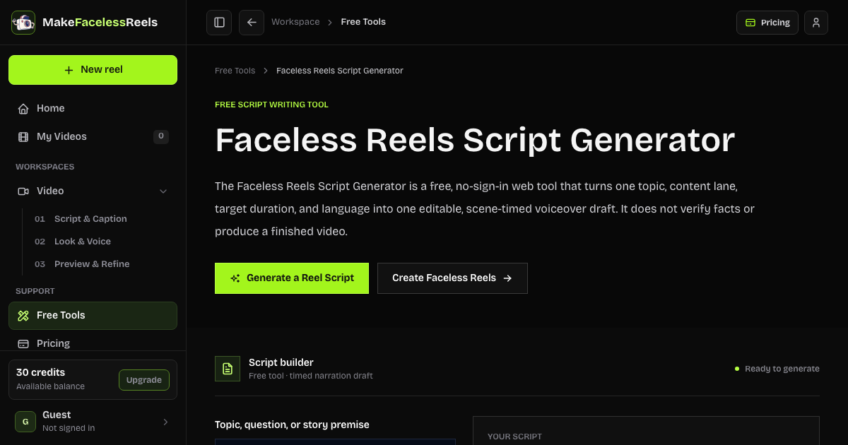 Faceless Reels Script Generator editing workspace