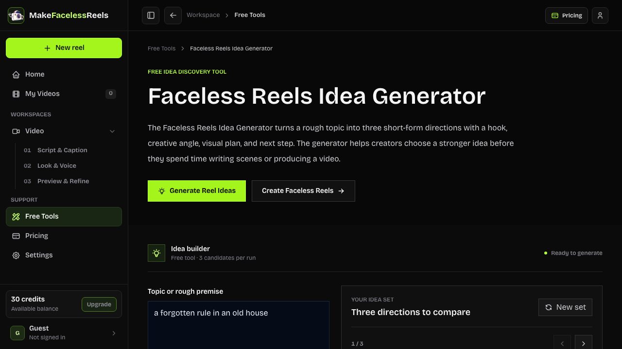 Faceless Reels Idea Generator page and idea builder
