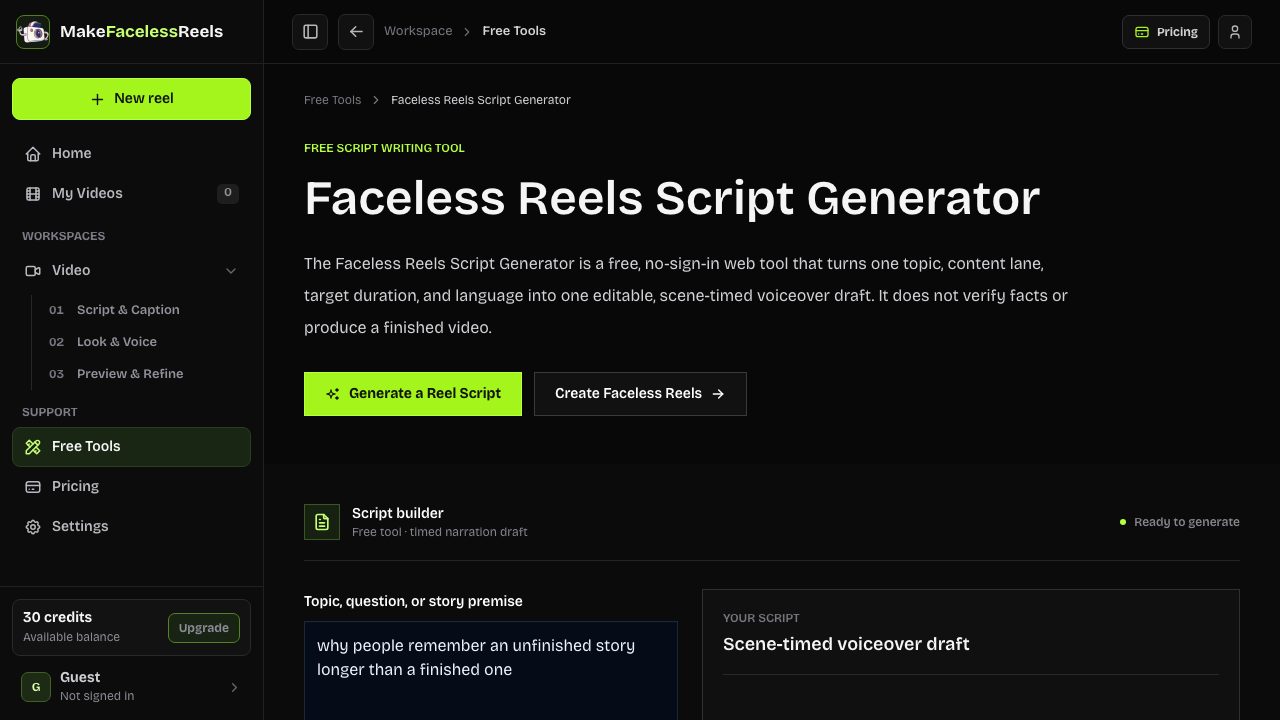 Faceless Reels Script Generator page and script builder