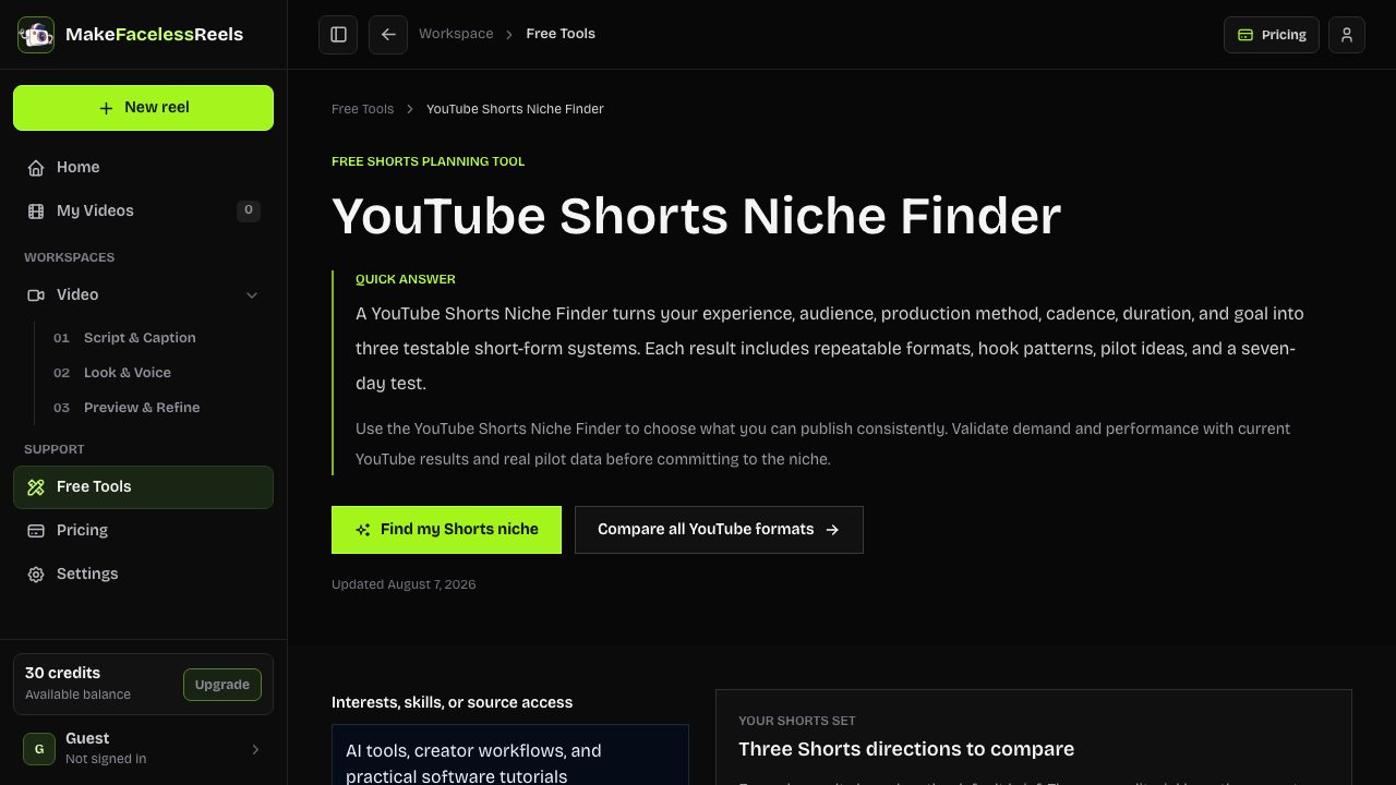 A niche-planning workbench for comparing repeatable faceless YouTube formats.