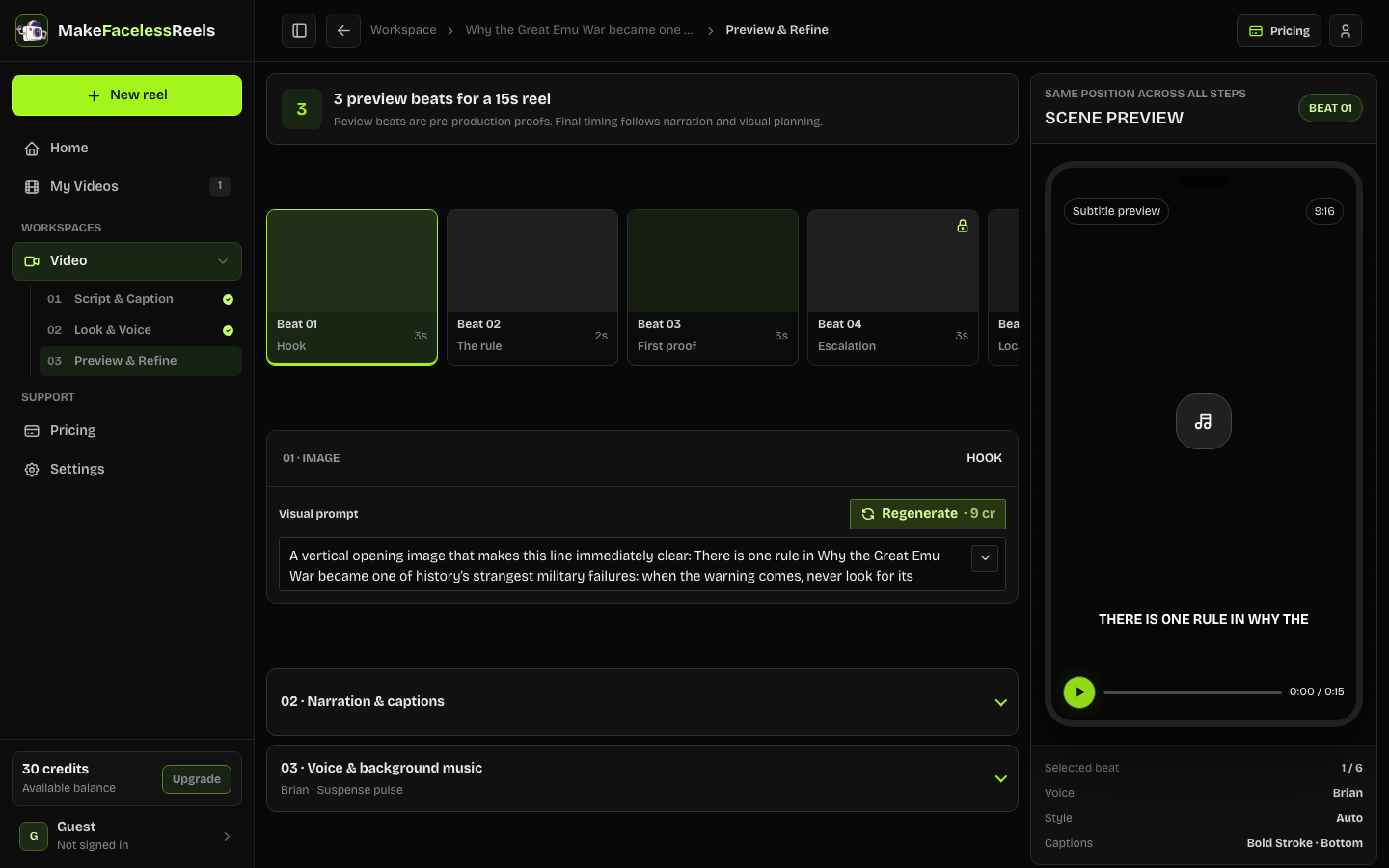 Preview and Refine workspace with storyboard beats, visual prompt, captions, and final scene preview