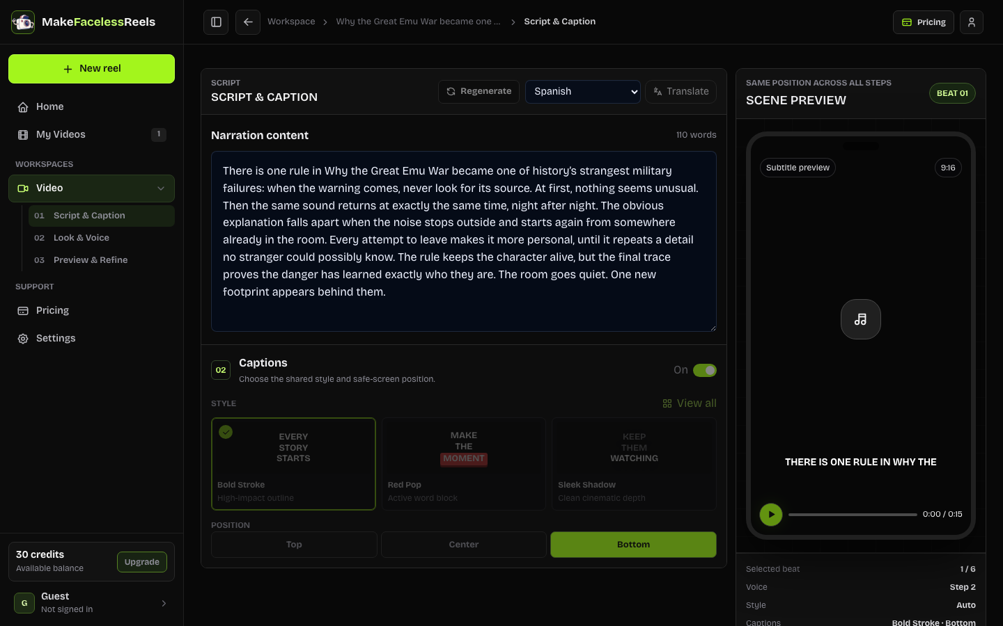 FacelessReels script and caption workspace